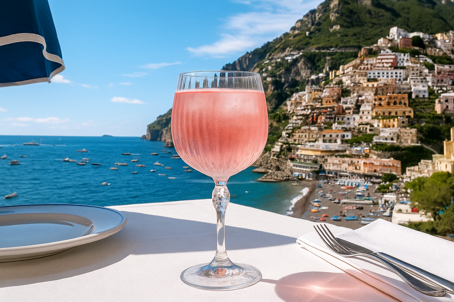 Sarti Rosa Spritz in America '20s Gin glass on Amalfi coast background