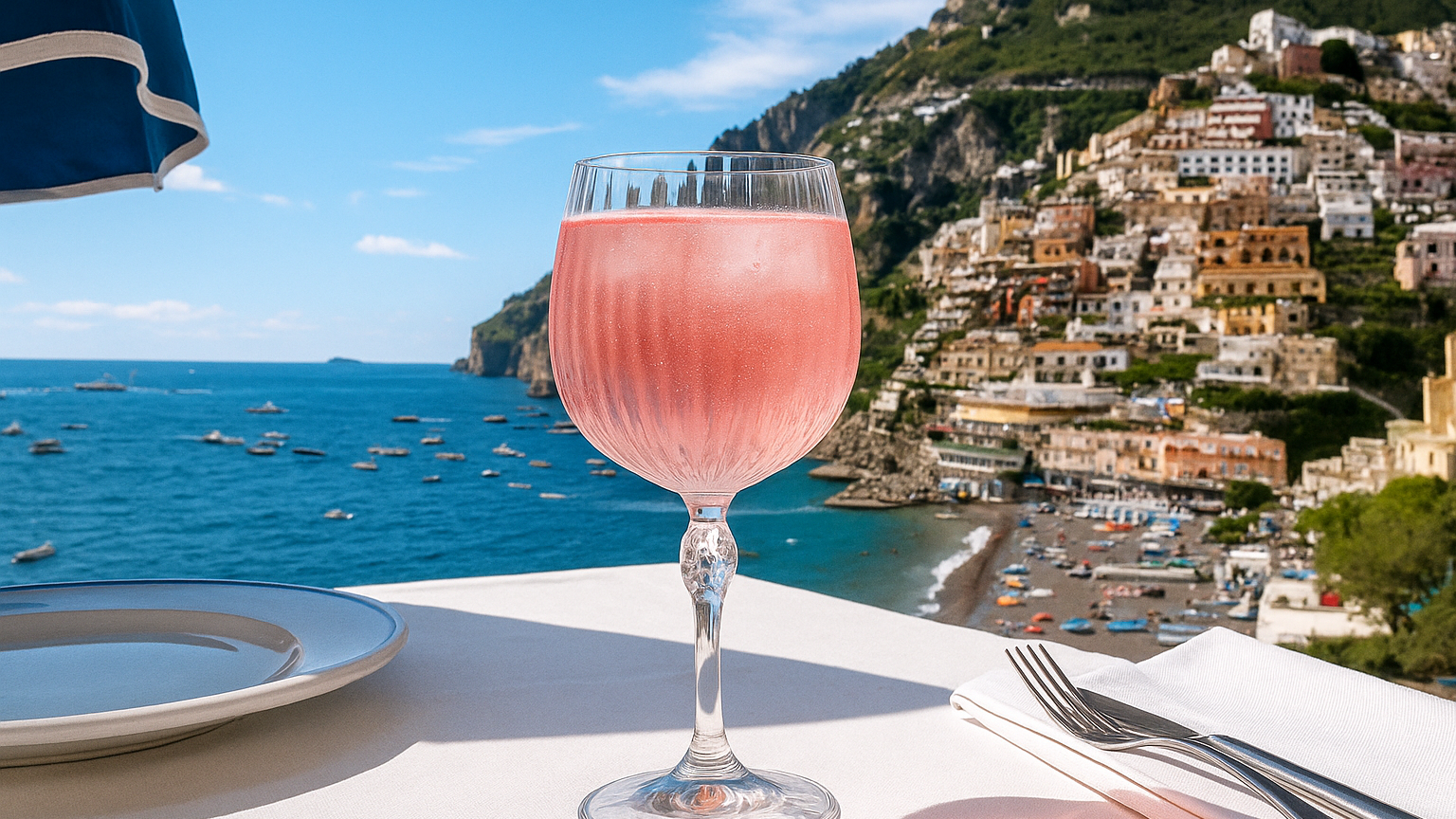 Sarti Rosa Spritz in America '20s Gin glass on Amalfi coast background