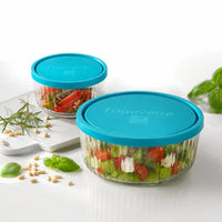 Side view of Frigoverre Brillante 2pcs Round Glass Food Storage Container Set, Assorted Sizes (2-cup & 3.5-cup)
