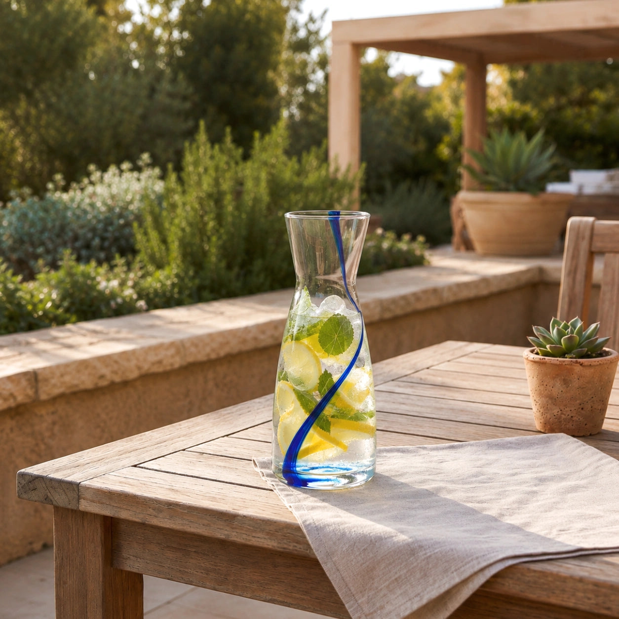 A clear glass carafe with a blue spiral stripe, filled with water and lemon slices, set on a wooden outdoor patio table.
