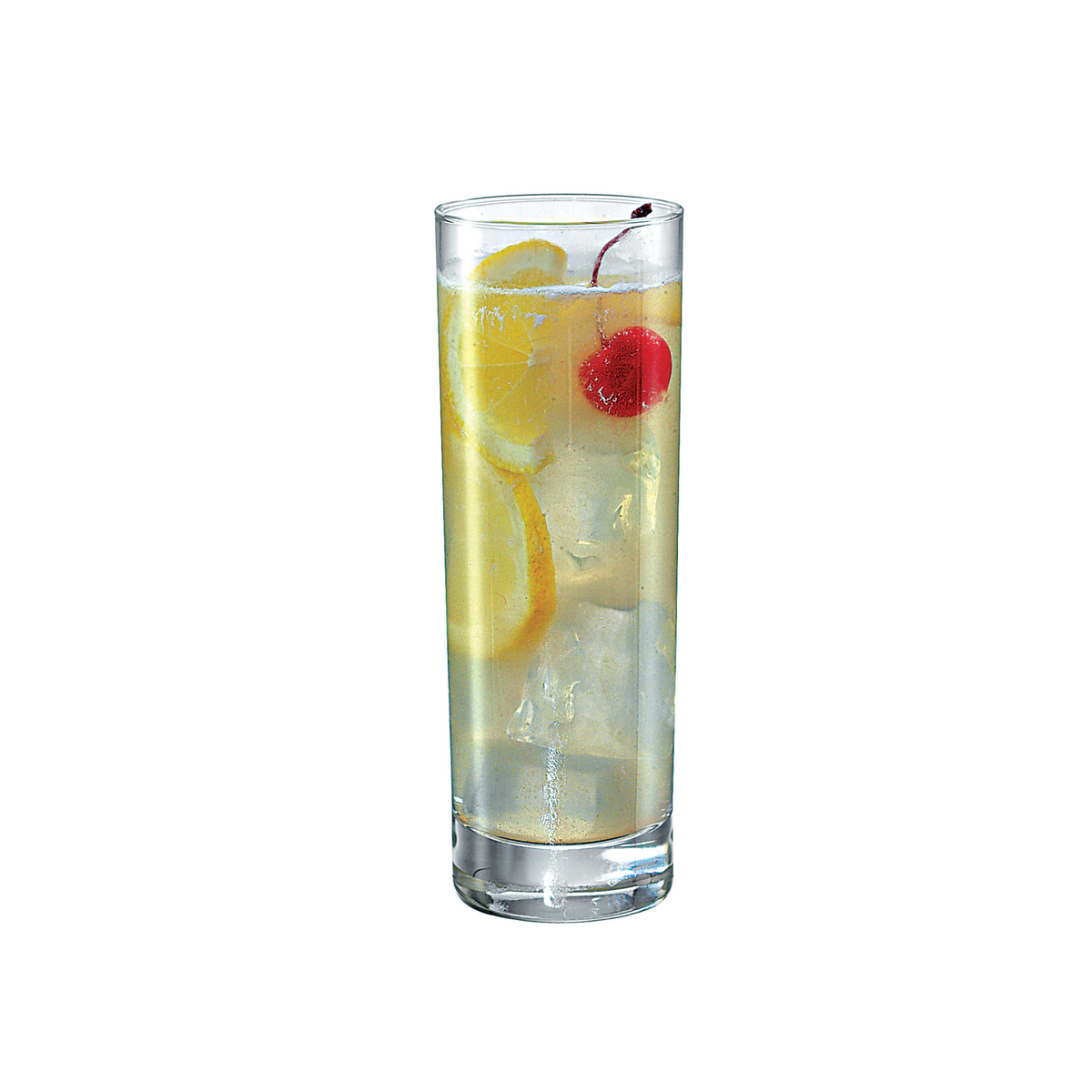 A clear highball glass filled with a light yellow drink, ice cubes, lemon slices, and a red cherry on a white background.