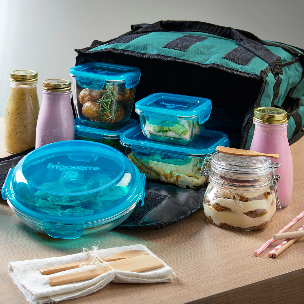Frigoverre Evolution Square Glass Food Storage Container, Teal Lid