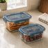 Two clear glass food storage containers with dark blue lids from frigoverre Evolution, one filled with layered lasagna and the other with red grapes, sitting on a beige kitchen countertop near a window.
