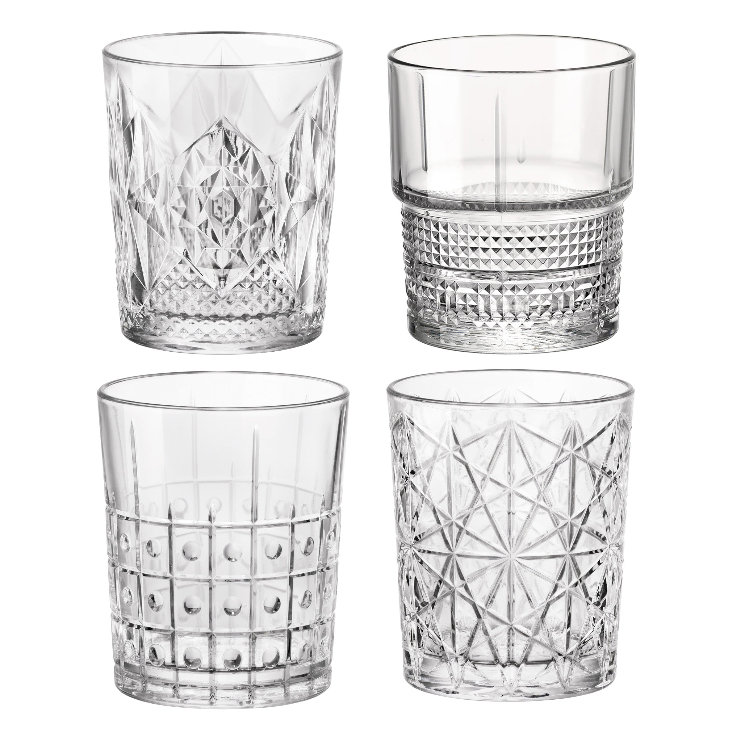 Four assorted DOF clear glass tumblers with different patterns on a white background
