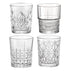 Four assorted DOF clear glass tumblers with different patterns on a white background