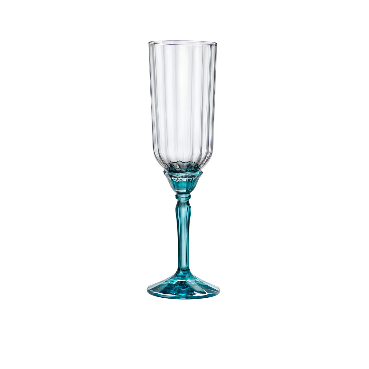 Clear Florian flute glass with a blue stem on a white background