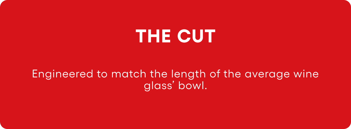 Red background with 'THE CUT' branding and text about wine glass compatibility.