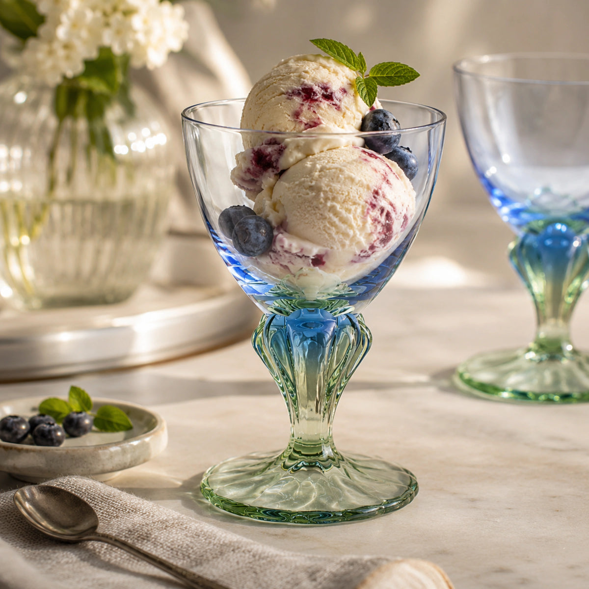Bahia Colored Footed Dessert Bowl, Sapphire Blue & Emerald Green