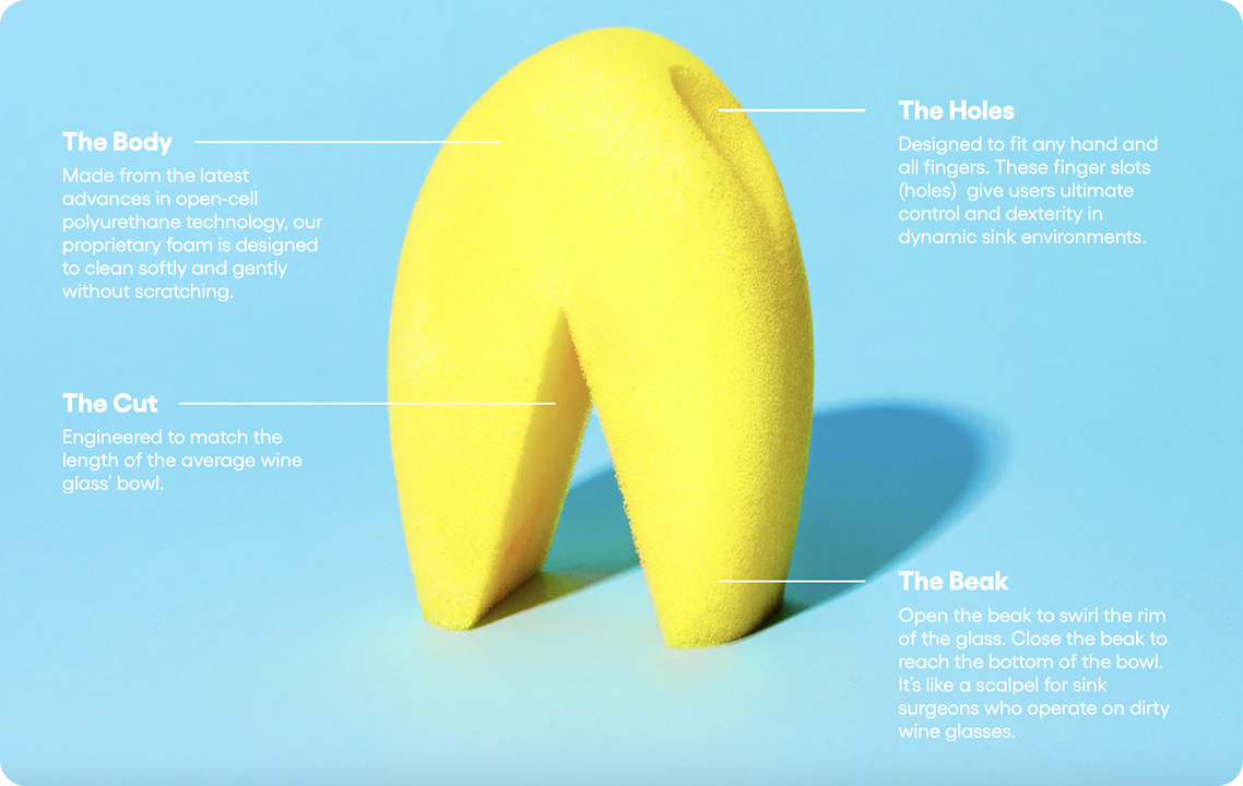 Yellow wine glass cleaner with labeled features on a blue background