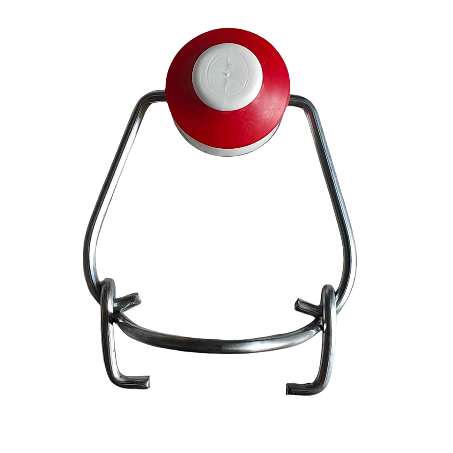 White and red swing top replacement lid on a metallic wire