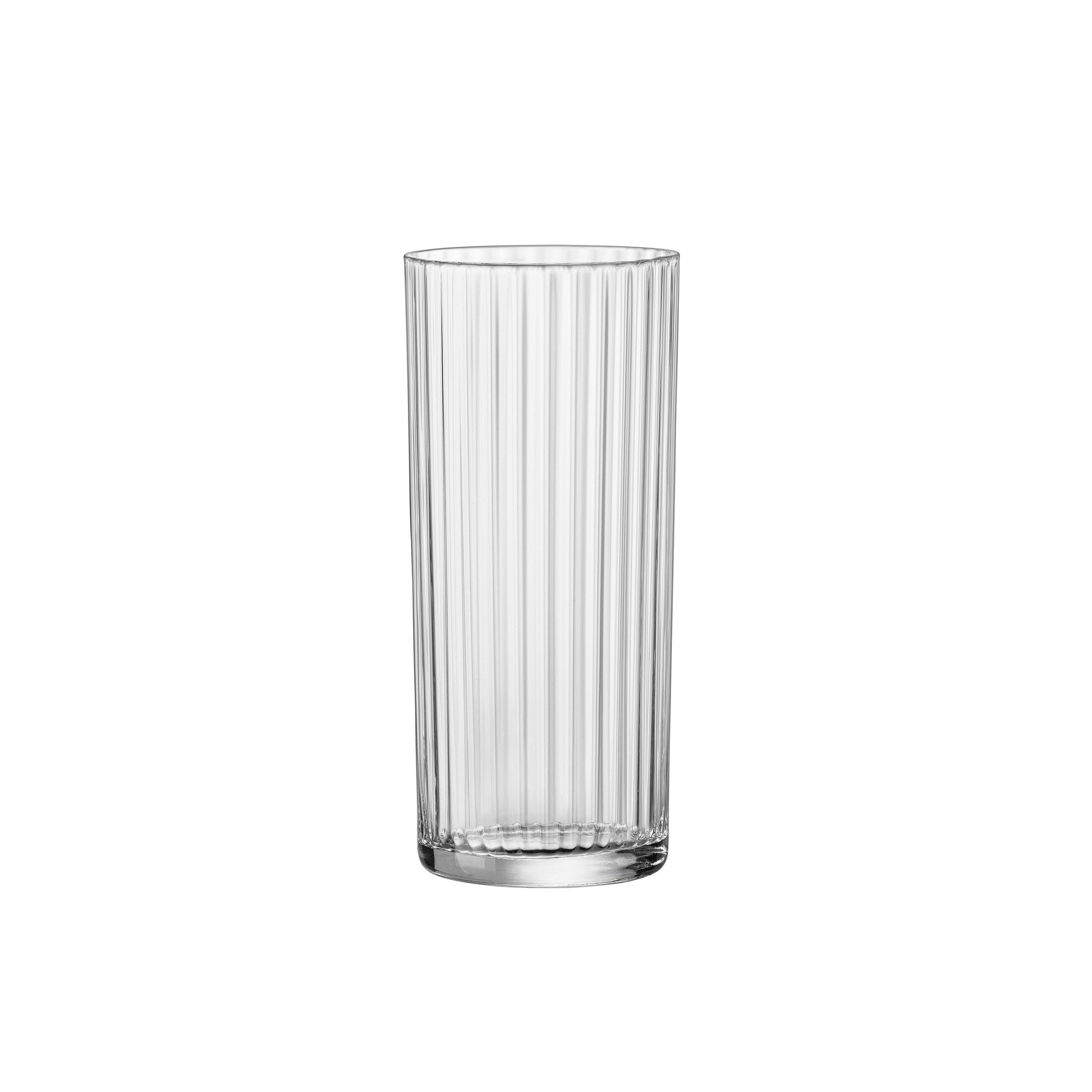 A clear Exclusiva Tom Collins glass with vertical ridges designed for use as a cocktail or water glass.