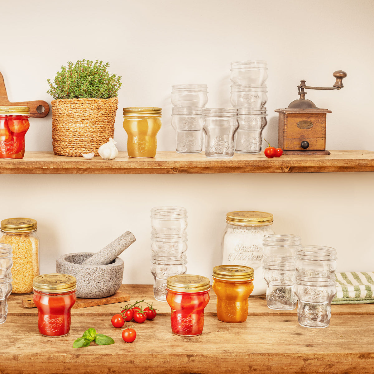 Quattro Stagioni special edition jars of preserved food on a wooden table with shelves in the background